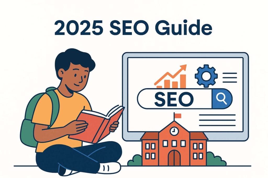 Illustration of a student reading a book with a school building and SEO icons on a computer screen, under the heading "2025 SEO Guide"