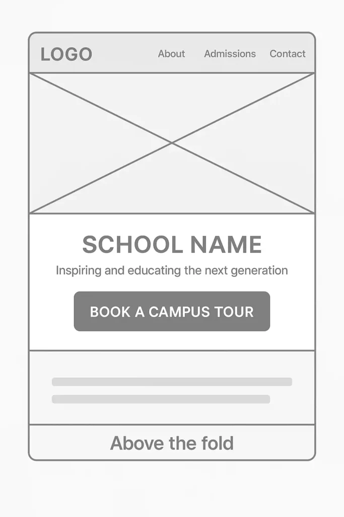 Wireframe of a school website homepage showing a bold ‘Book a Campus Tour’ CTA button placed above the fold with tagline and navigation