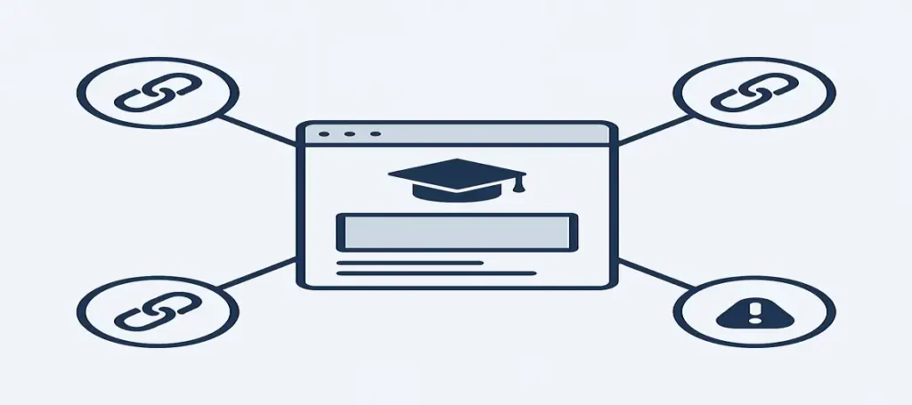 Missing Backlinks and Directory Listings - School SEO Mistake Illustration of a school website surrounded by unlinked chain icons, symbolizing the lack of backlinks and local directory listings in school SEO strategy