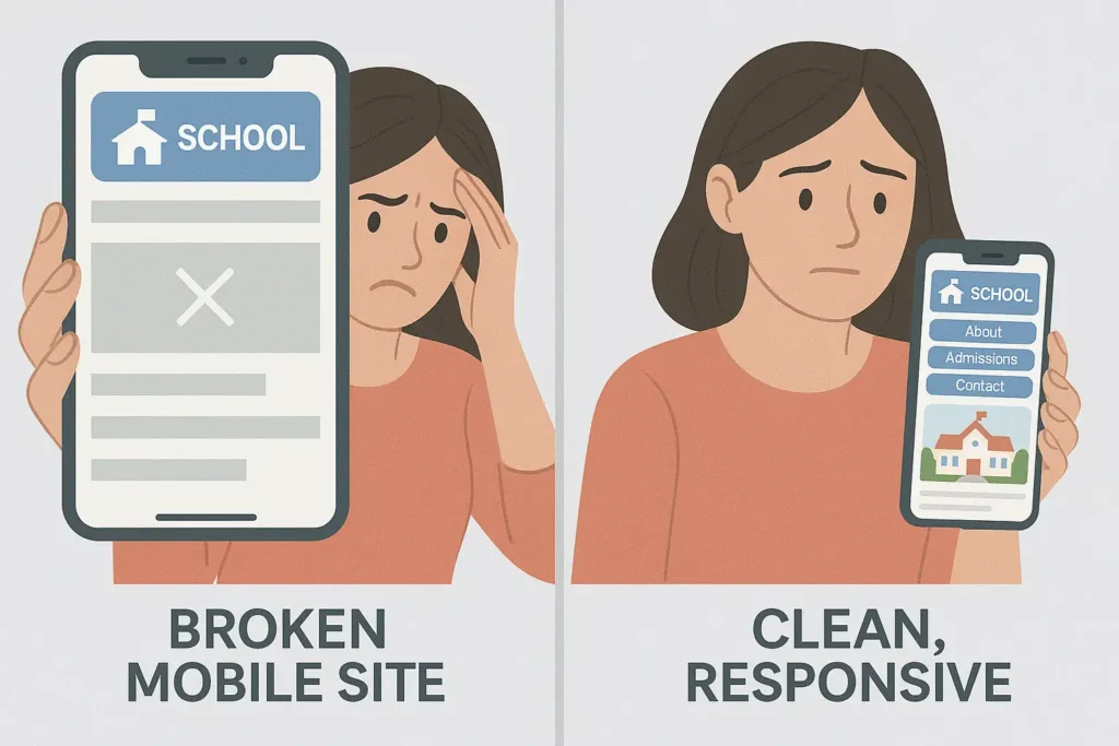 Mobile Optimization for School Websites - Broken vs Responsive Design Illustration comparing a frustrated parent viewing a broken mobile school website versus a clean, responsive version, highlighting the importance of mobile optimization in 2025