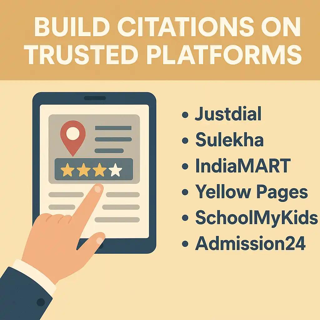 Infographic showing a hand tapping on a tablet with trusted Indian citation sites listed for schools.