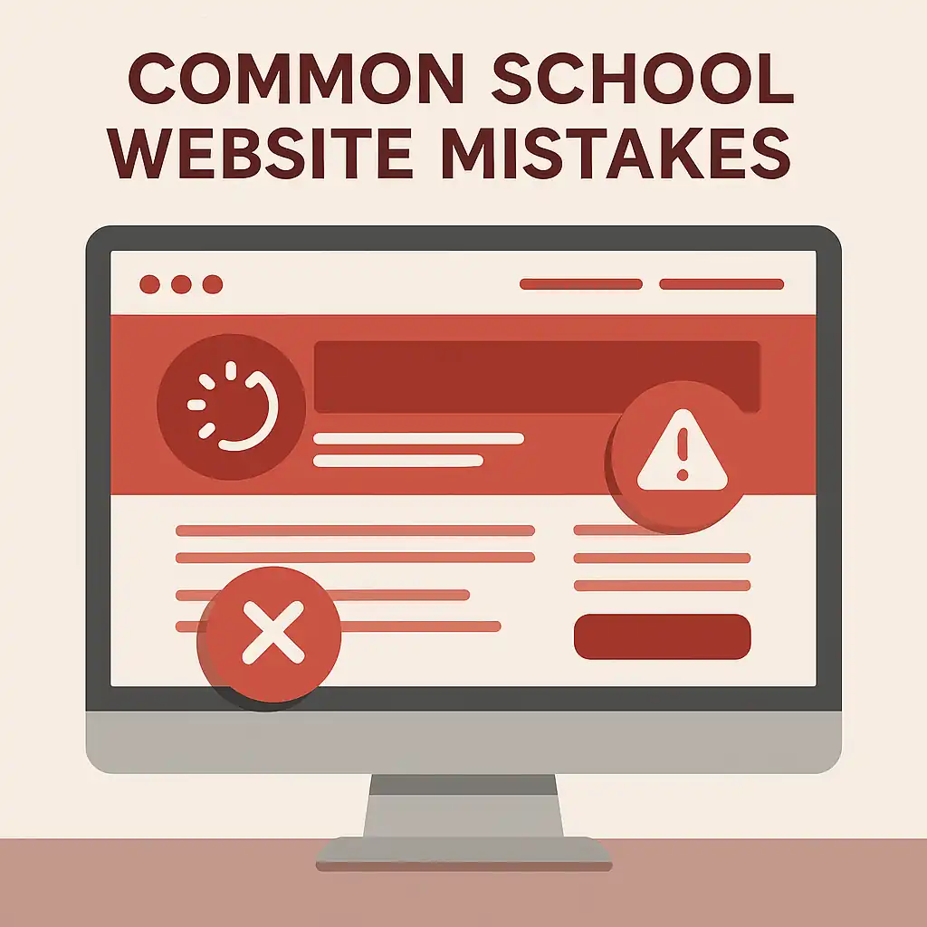 Illustration of common school website mistakes shown on a desktop screen with red error icons indicating poor design and technical issues