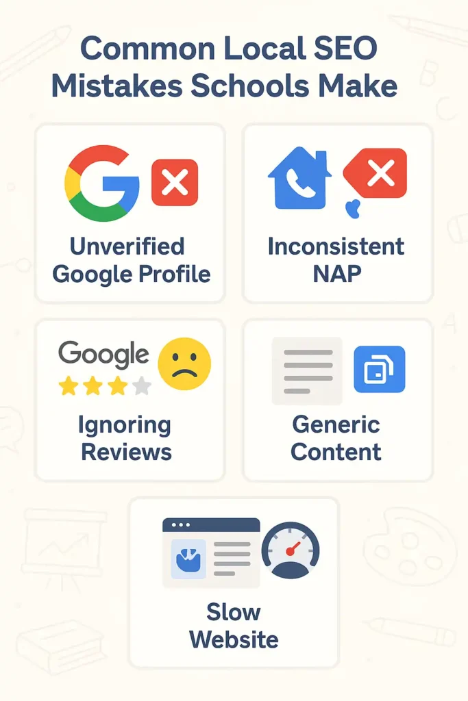 Infographic listing common local SEO mistakes made by schools including unverified Google profile, inconsistent NAP, and slow website.