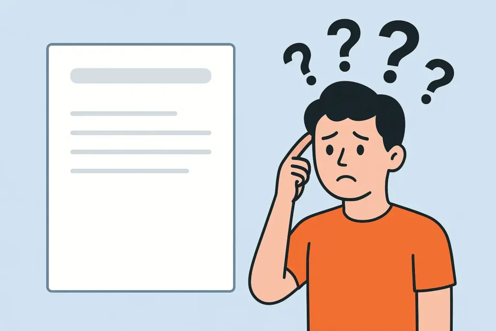 Confused School Admin with No Keyword Strategy - SEO Mistake Illustration Illustration of a confused person surrounded by question marks and a blank document, symbolizing the lack of keyword strategy on school websites