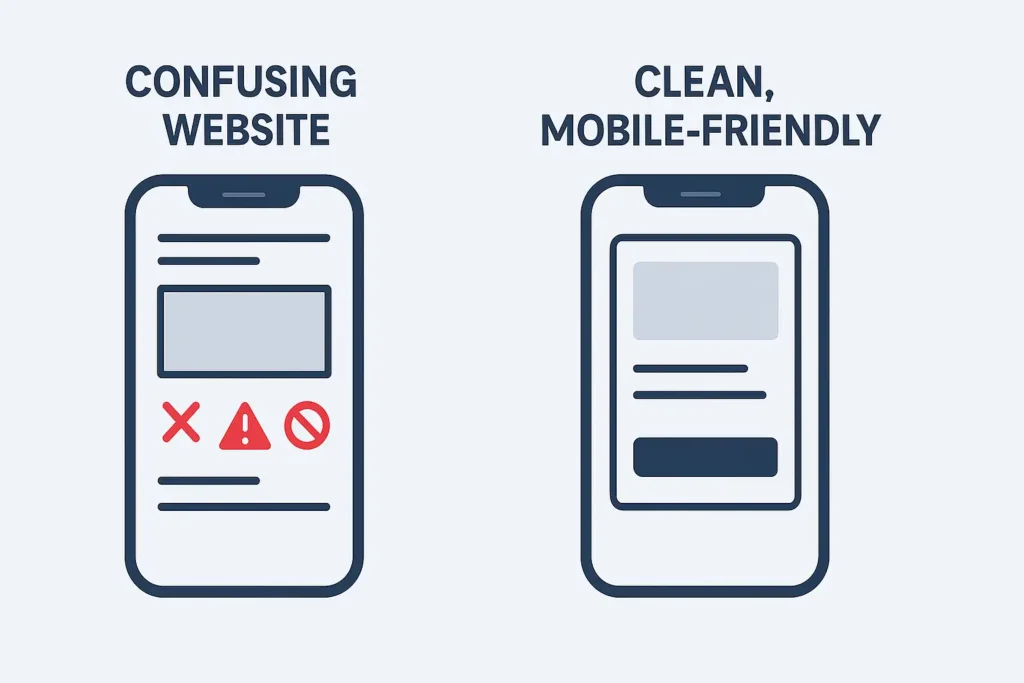 School Website UX Comparison - Confusing vs Clean Mobile-Friendly Design Side-by-side illustration of a confusing, cluttered school website versus a clean, mobile-friendly layout, highlighting the impact of poor user experience and site structure on SEO