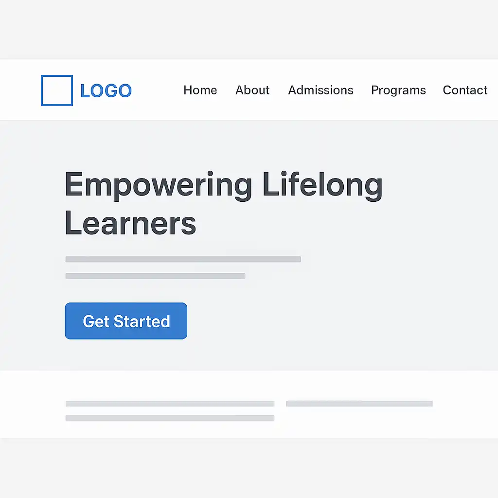 School homepage wireframe with a clear CTA button labeled “Get Started” placed above the fold beneath a bold heading and navigation menu