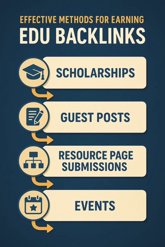 EDU Backlink Building Methods for Schools – 2025 Infographic Infographic of EDU backlink strategies: scholarships, guest posts, resource pages, and events for school SEO (2025).