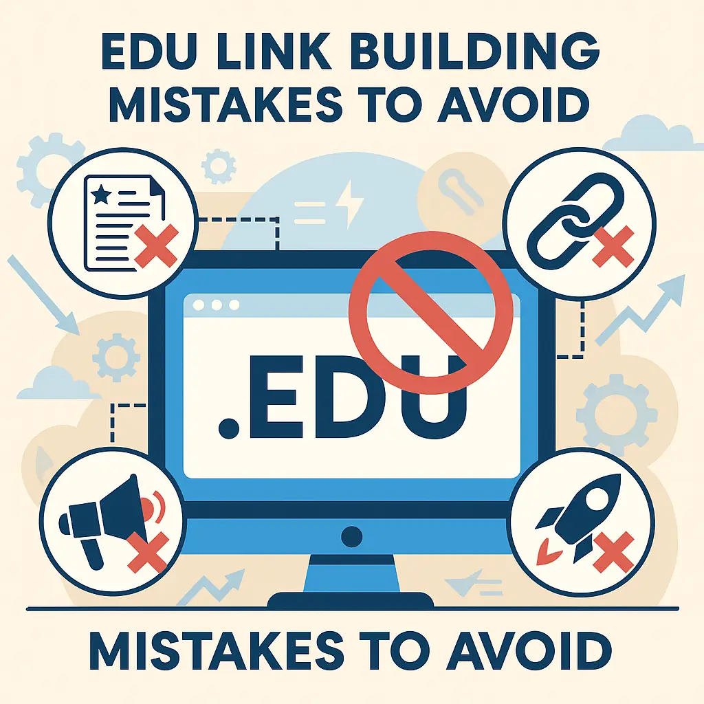 Infographic showing common EDU link building mistakes with visual cues like warning icons and prohibited backlink symbols, designed for school SEO awareness.