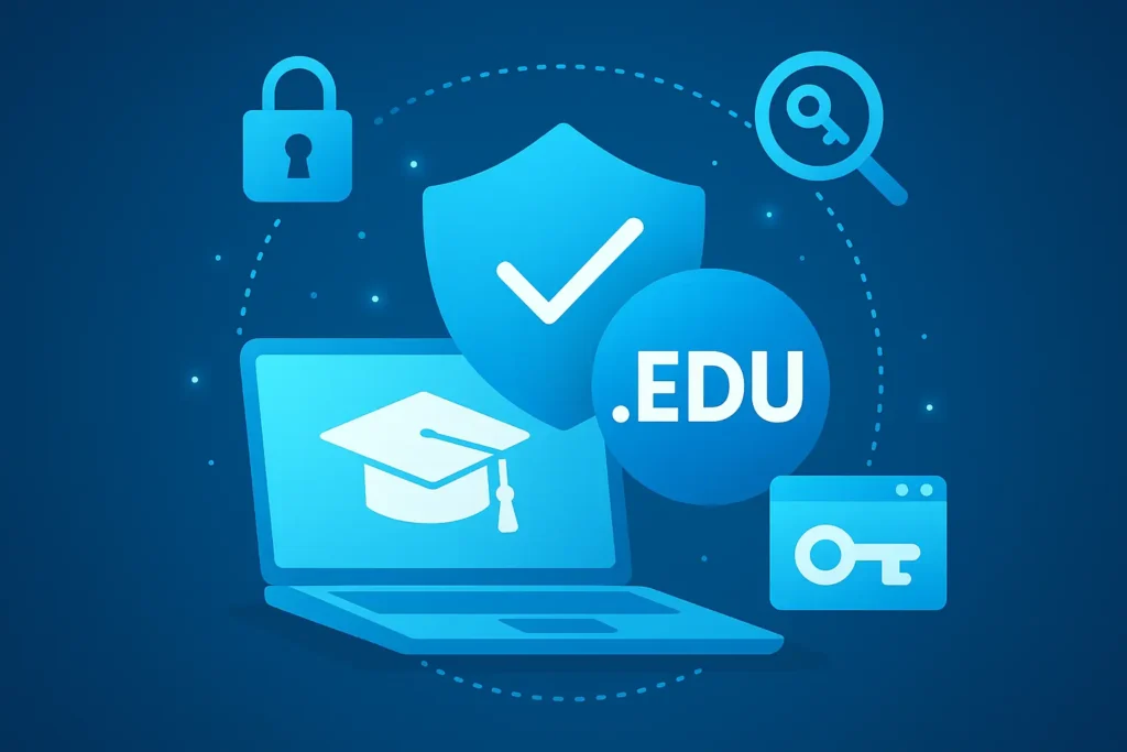 Illustration of a secure .edu backlink strategy showing shield, graduation cap, and browser icons representing safety and trust in school SEO.