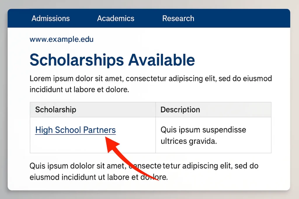 EDU Backlink Example from University Scholarship Page (2025 Strategy) Screenshot of a .edu scholarship page linking to a high school website as part of a white-hat EDU backlink strategy.