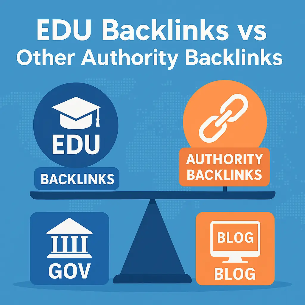 Infographic comparing EDU backlinks with other authority backlinks like GOV and blog links, using a balanced scale illustration for school SEO context.