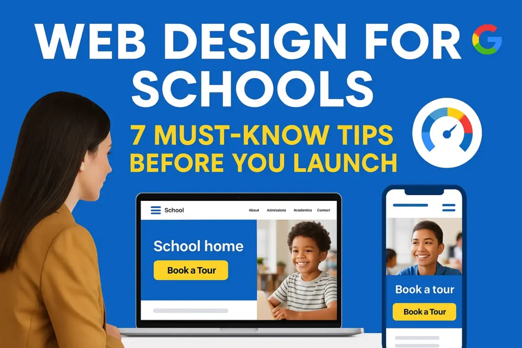 Featured image showing a woman viewing a school website with Book a Tour CTA on laptop and mobile, promoting web design tips for schools