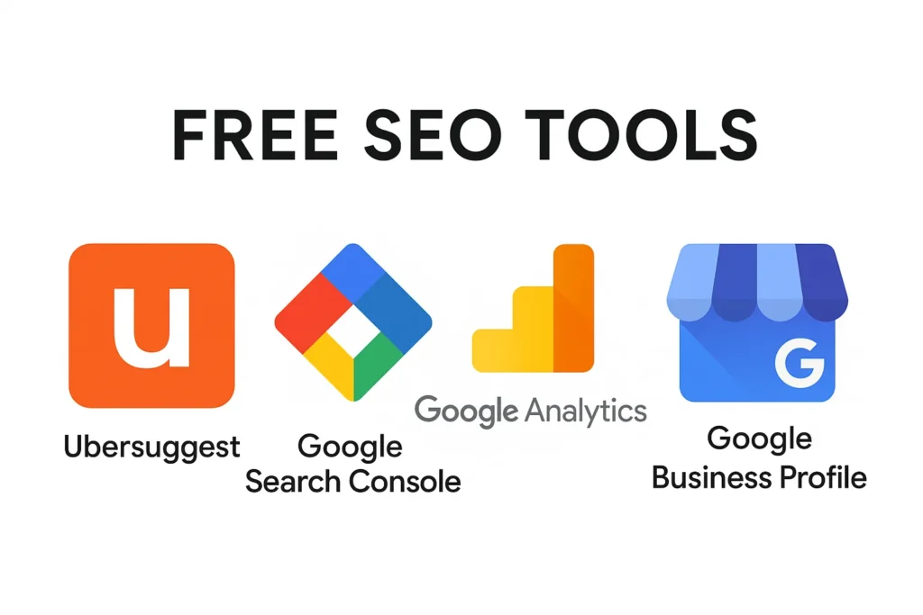 List of free SEO tools schools can use without a budget to improve search rankings. Icons of free SEO tools including Ubersuggest, Google Search Console, Google Analytics, and Business Profile.