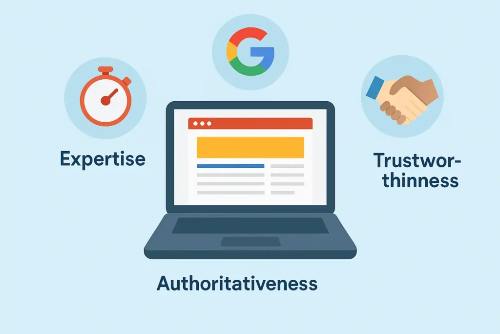 Illustration of laptop displaying a school homepage with Google’s SEO principles — Expertise, Authoritativeness, and Trustworthiness — surrounding it
