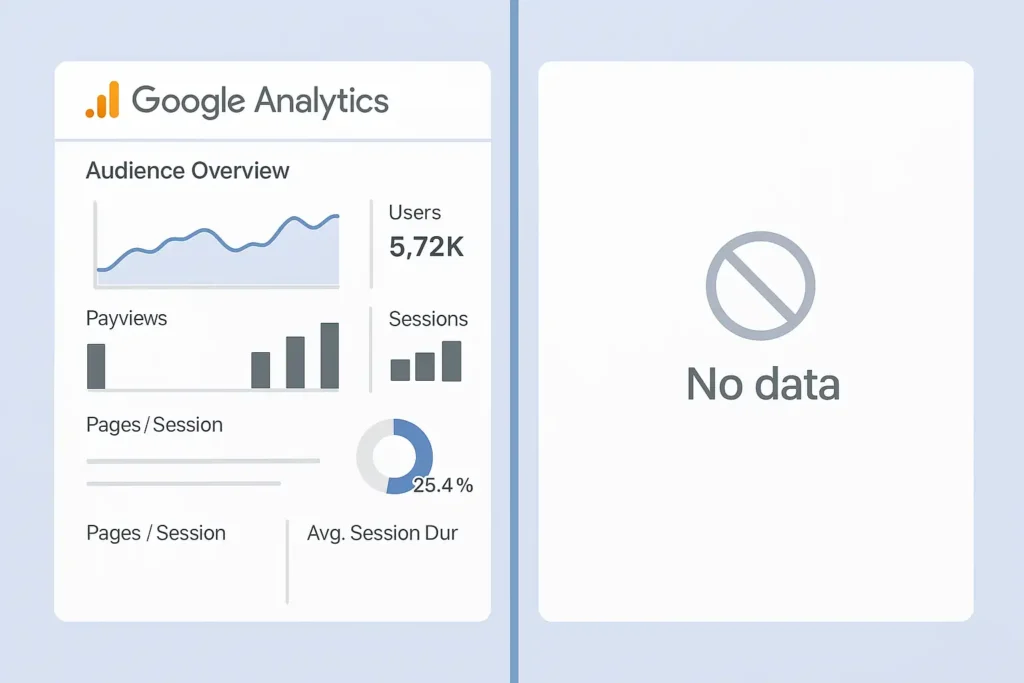SEO Mistake - No Analytics Tracking for School Websites Comparison between a Google Analytics dashboard and a blank screen with 'No data' message, highlighting the mistake of not tracking SEO performance on school websites