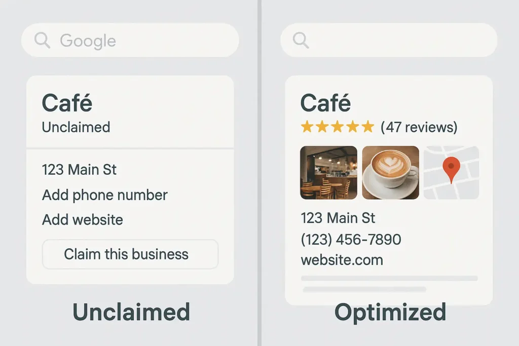 Google Business Profile Setup Comparison - Claimed vs Optimized Visual comparison showing an unclaimed Google Business Profile versus a fully optimized listing with reviews, photos, and contact details, emphasizing the importance of local SEO for schools