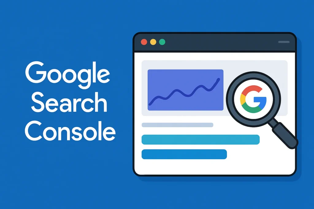 Step 1: Set up Google Search Console to track and index your school website. Illustration of Google Search Console setup with a magnifying glass and graph.