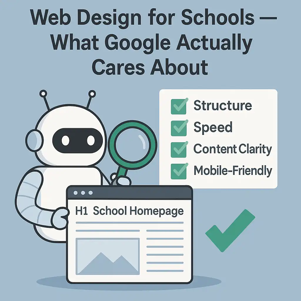 Googlebot analyzing a school homepage for structure, speed, content clarity, and mobile-friendliness — core elements of web design for schools