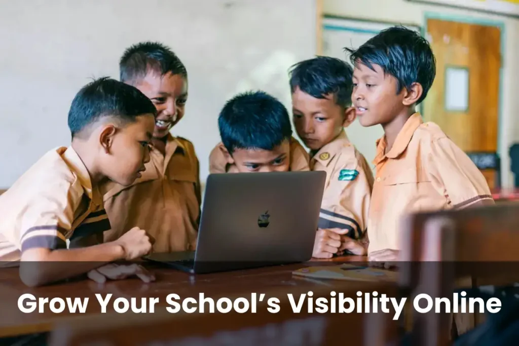 Grow Your School’s Visibility Online with Smart SEO Group of school children learning on a laptop representing digital growth and SEO for schools