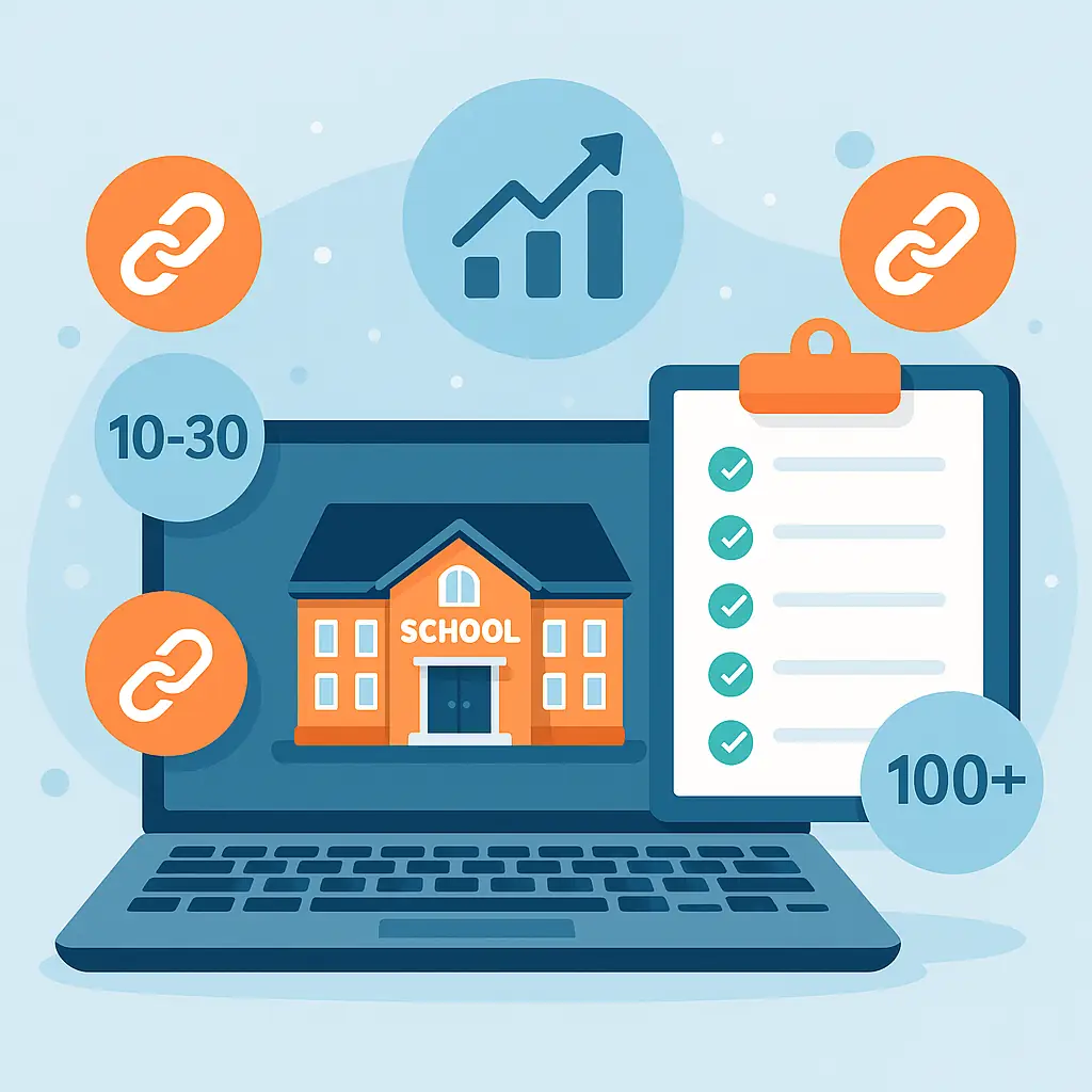 Illustration of a school website on a laptop with backlink icons, a checklist, and numeric indicators showing healthy backlink ranges like 10–30 and 100+.