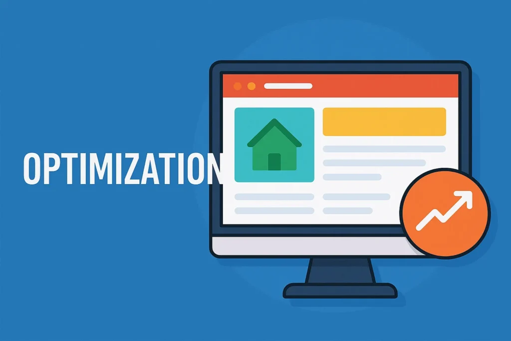 Step 3: Optimize your homepage and important pages with keywords for better ranking. Image showing website optimization with homepage elements and upward arrow.