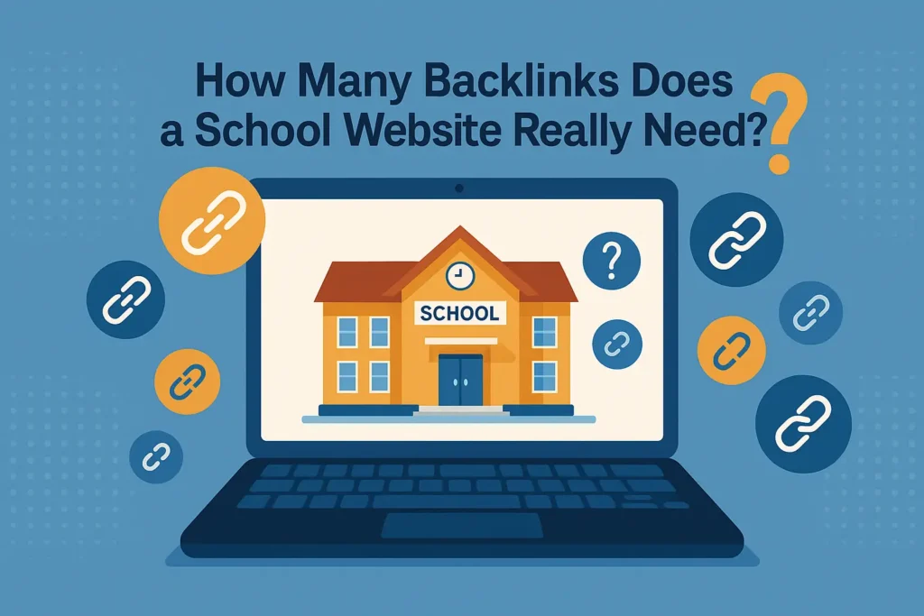 Illustration of a school building on a laptop screen surrounded by backlink and question icons, representing how many backlinks a school website needs.