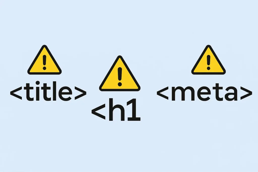 On-Page SEO Issues - Titles, H1, and Meta Tags Warning Graphic showing warning signs next to title, H1, and meta tags, representing weak on-page SEO structure for school websites