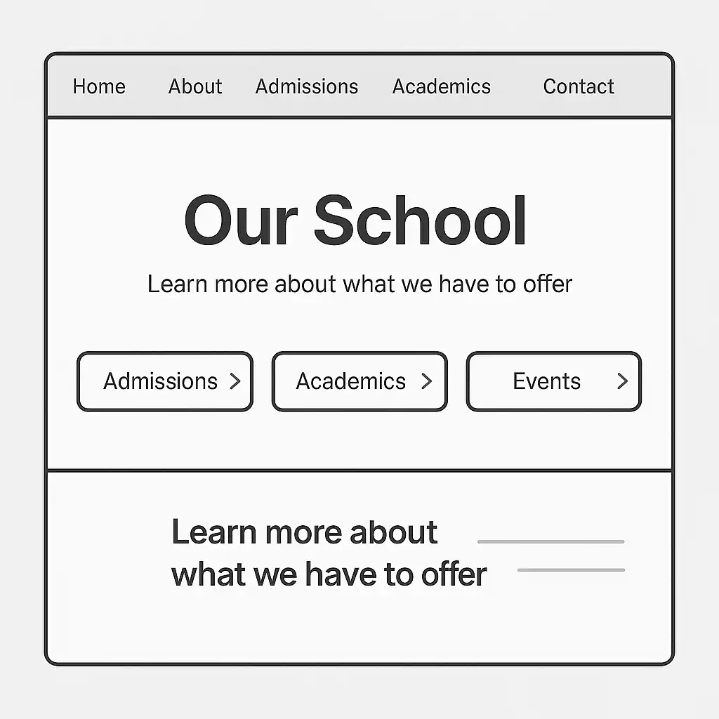 Wireframe of a school homepage with internal links to Admissions, Academics, and Events pages beneath a bold section headline