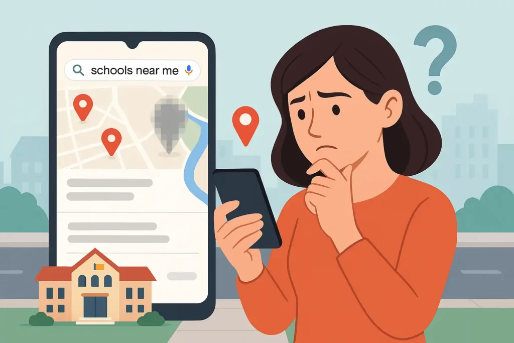 Parent looking at Google Maps but can't find their school listed, visualizing poor SEO for local schools.