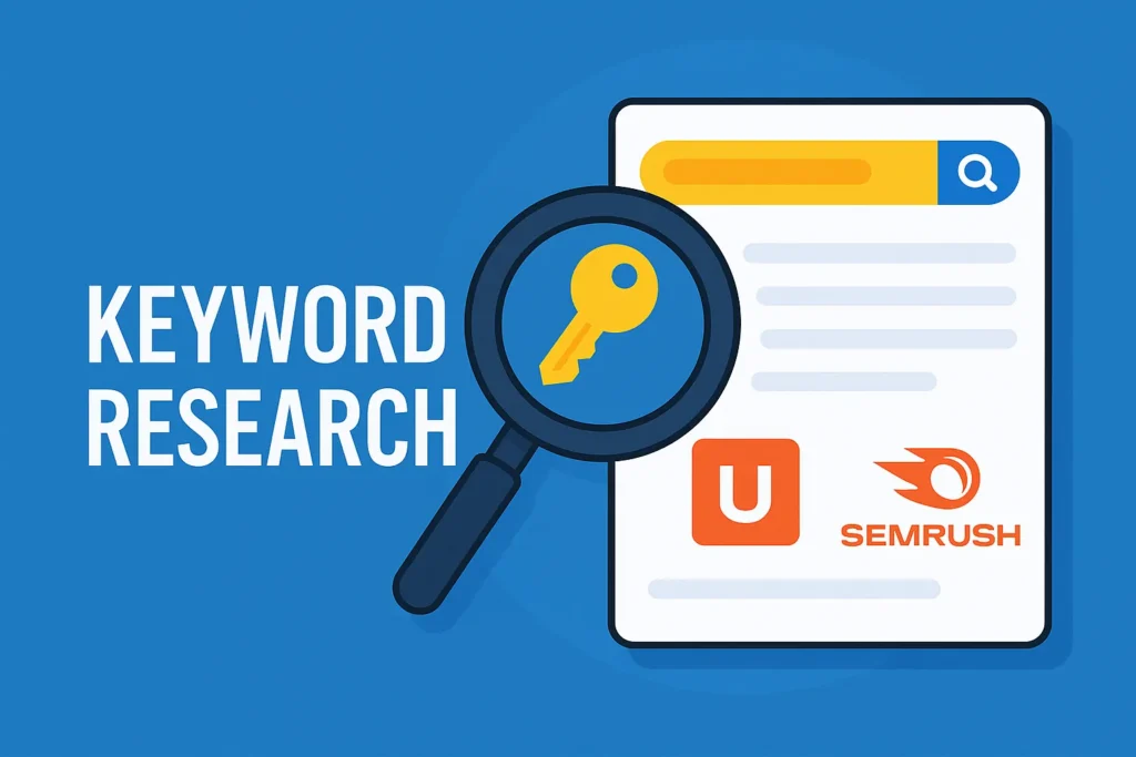 Perform simple keyword research using tools like Ubersuggest and SEMrush. Keyword research graphic showing a magnifying glass over keywords and logos of SEO tools.