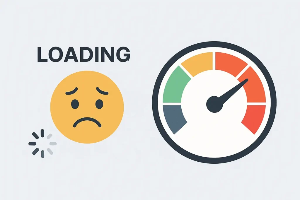 Slow Website Loading Impact on School SEO Illustration of a sad face emoji and a slow speed gauge to represent the impact of a slow-loading school website on SEO performance