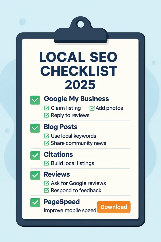 Illustrated clipboard showing a checklist of local SEO tasks for schools, including GMB, reviews, blog posts, and speed.