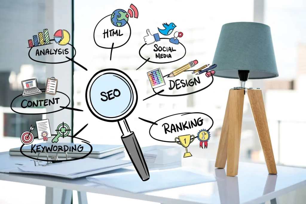 Illustrated SEO process highlighting key areas for improving school website visibility and search rankings. SEO strategy elements including keywording, content, social media, ranking, and design for optimizing school websites.