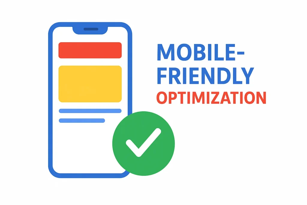 Ensure your website is mobile-friendly and loads fast. Mobile optimization illustration showing a smartphone and a checkmark.