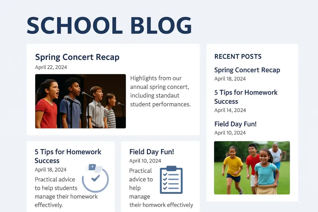 School Blog Content Example - SEO Mistake: No Fresh Updates Example of a school blog with outdated content and limited updates, showing the SEO impact of not publishing regular blog posts or quality content