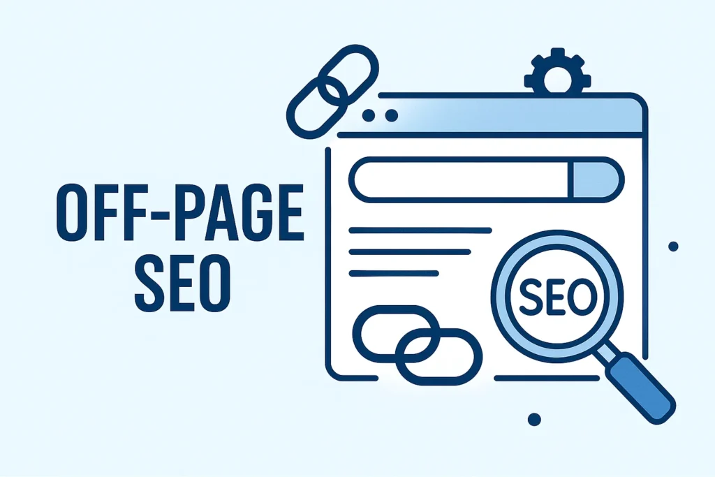 Building Online Reputation with Off-Page SEO Off-page SEO illustration showing how backlinks and online mentions improve educational website reputation.