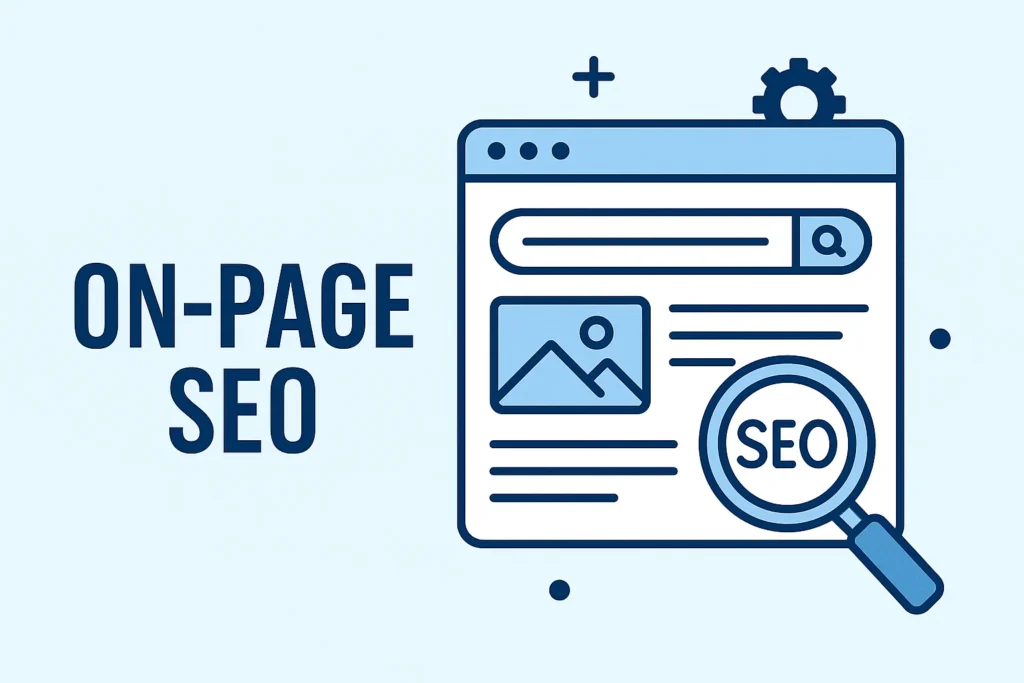 On-Page SEO Strategies for School Websites On-page SEO graphic showing website layout, content optimization, and keyword usage for schools.