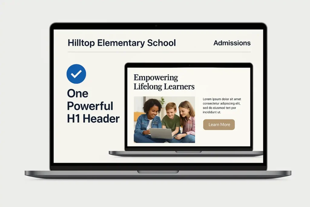 School website homepage featuring a bold H1 heading “Empowering Lifelong Learners” with a photo of diverse students and a visible Learn More CTA