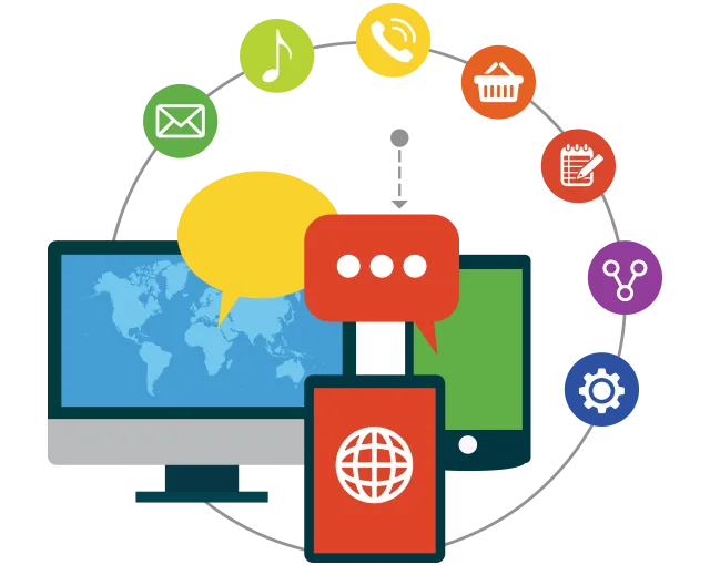 Digital communication and AI-powered marketing icons around screen and mobile