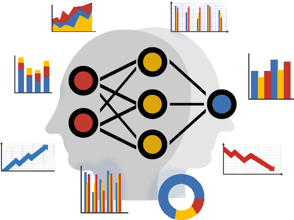 AI neural network with data charts for machine learning in marketing