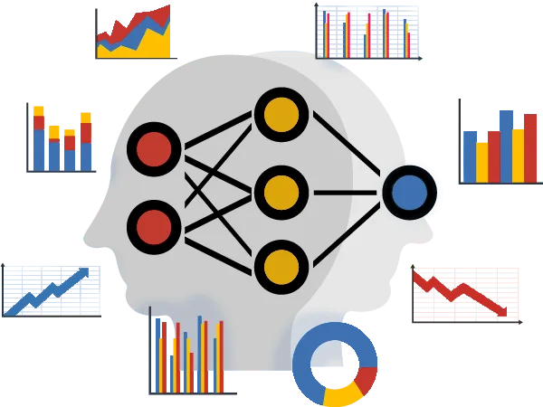 AI neural network with data charts for machine learning in marketing