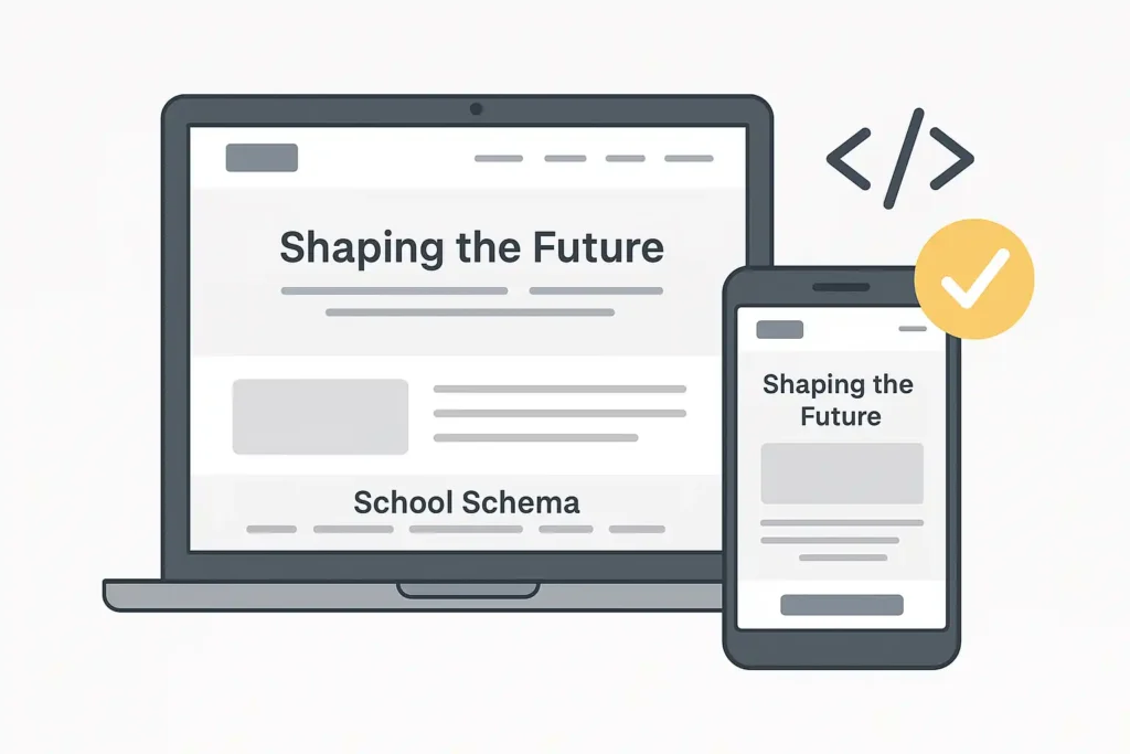 School website homepage mockup displayed on a laptop and smartphone with focus on schema markup and mobile optimization