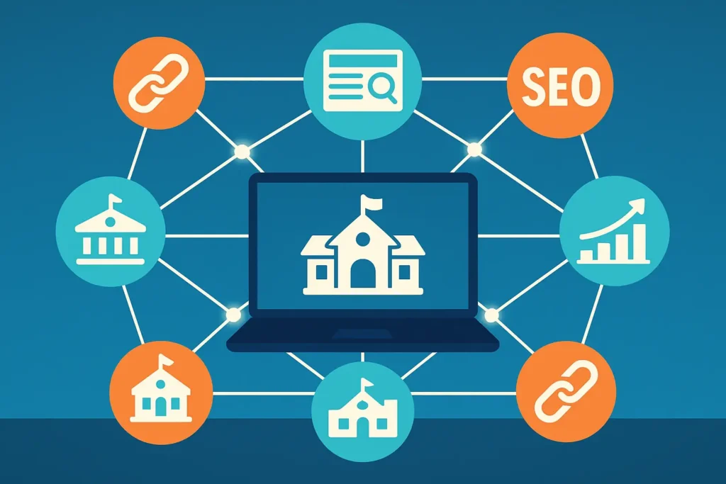 Illustration of a school website on a laptop surrounded by backlink and SEO icons, showing the impact of backlinks on school SEO performance.