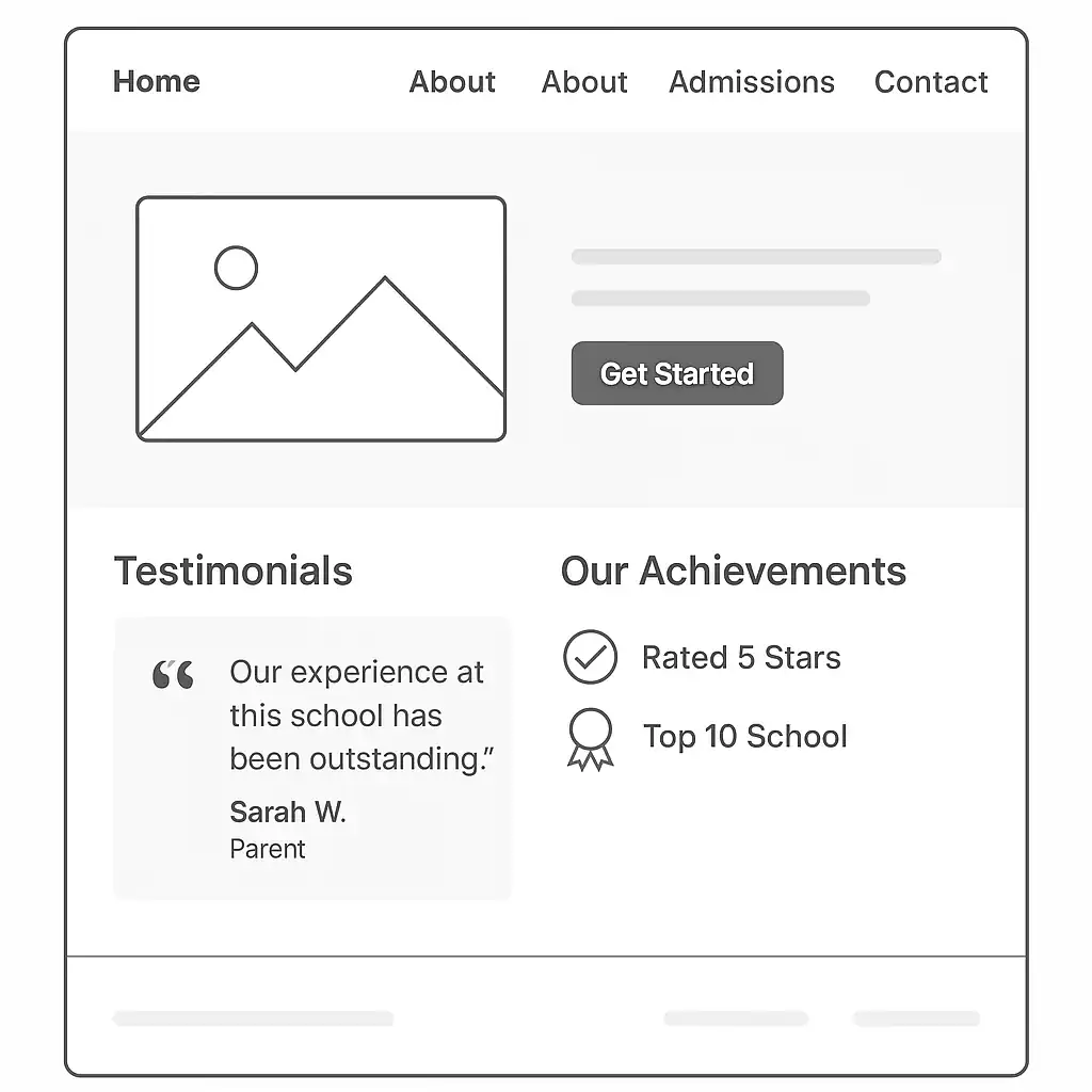 School website homepage wireframe showing testimonial from a parent and visual icons for achievements like 5-star rating and top school badge
