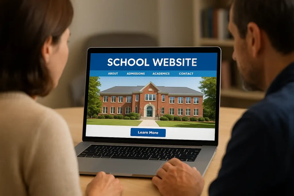 School Website Design Preview on Laptop | SEO Tips for Schools Parents browsing a professionally designed school website homepage on a laptop — showcasing effective web design for schools focused on admissions and SEO