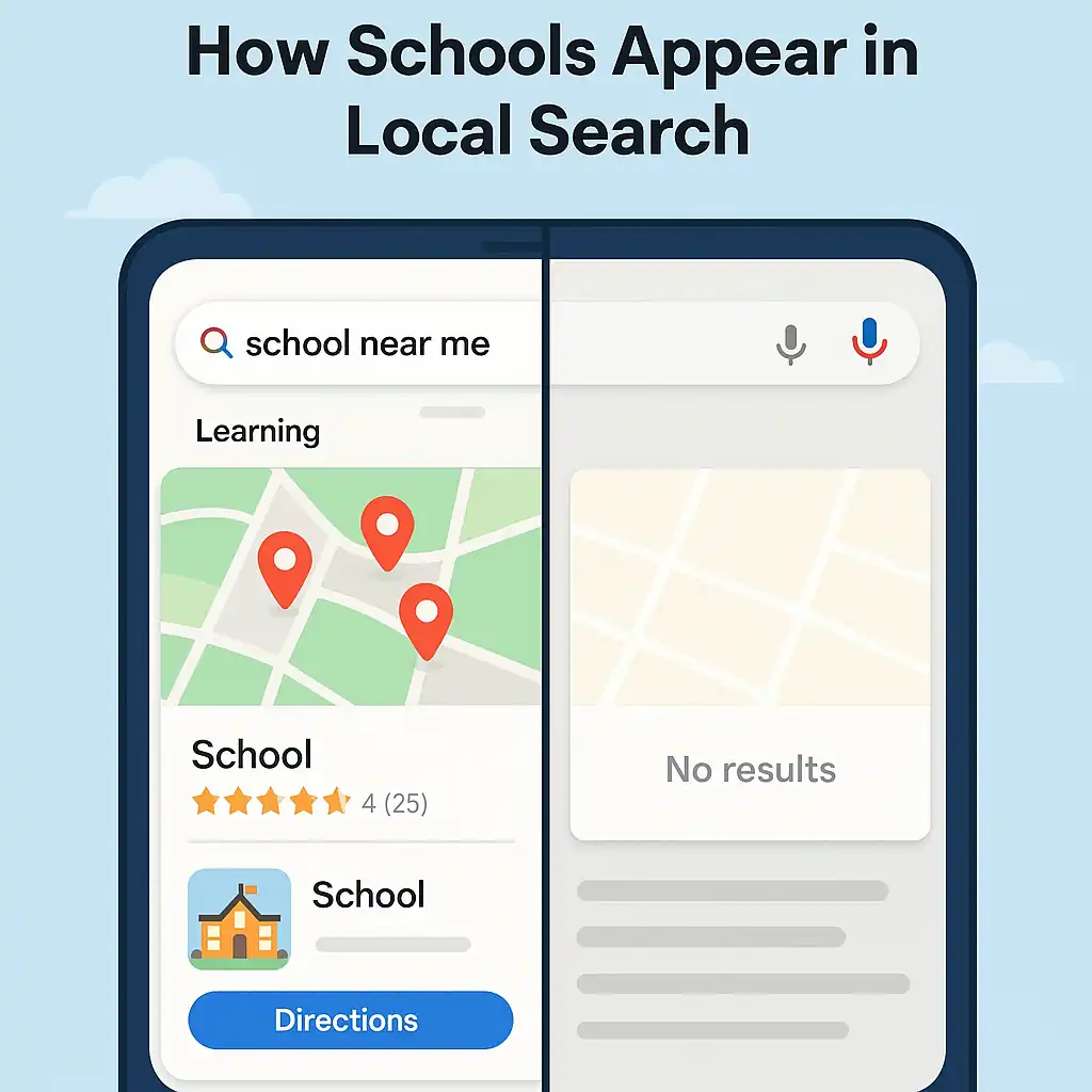 Side-by-side comparison of school search results with and without local SEO — showing visibility vs invisibility.