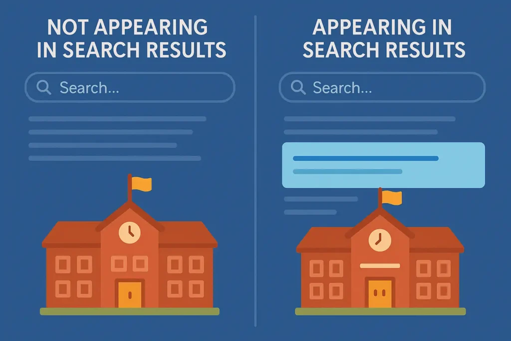 School SEO Visibility Comparison - 2025 Side-by-side graphic showing a school not appearing in search results vs. a school ranking on Google, highlighting the importance of SEO for schools in 2025