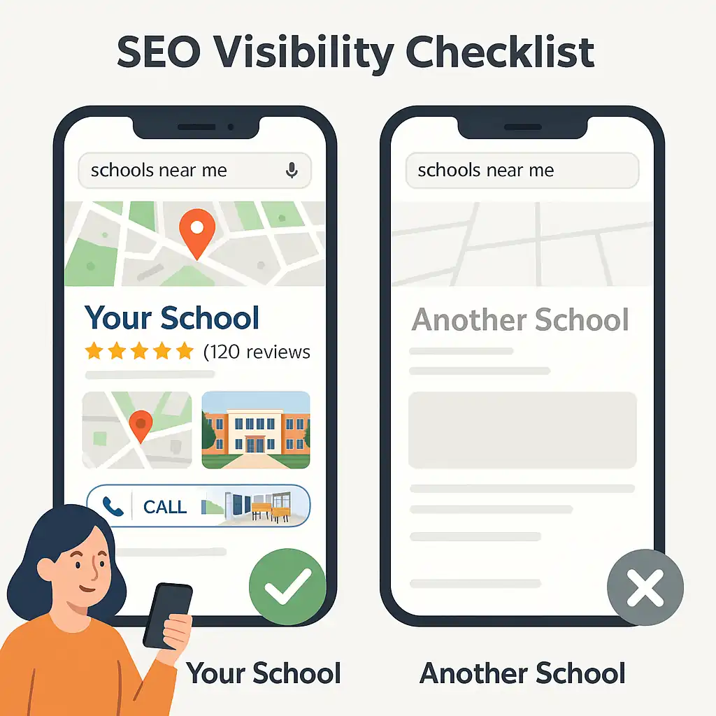 Comparison between a well-optimized school with full Google listing and a blank profile of another school lacking SEO.