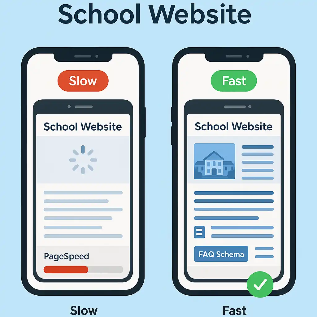Side-by-side comparison of a slow-loading school website vs a fast, optimized version with schema markup.