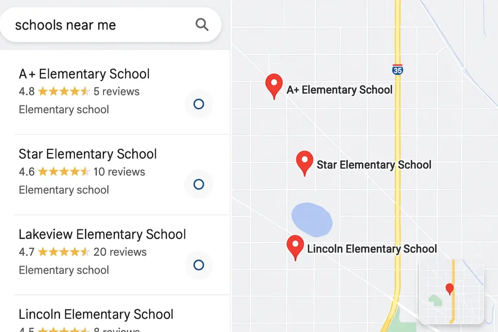 Local SEO for Schools - Map and Search Results Example Screenshot showing local search results for elementary schools on Google Maps, highlighting the importance of local SEO optimization for schools
